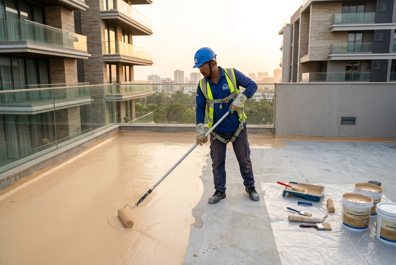 Certified technician applying seamless terrace waterproofing membrane in Bangalore